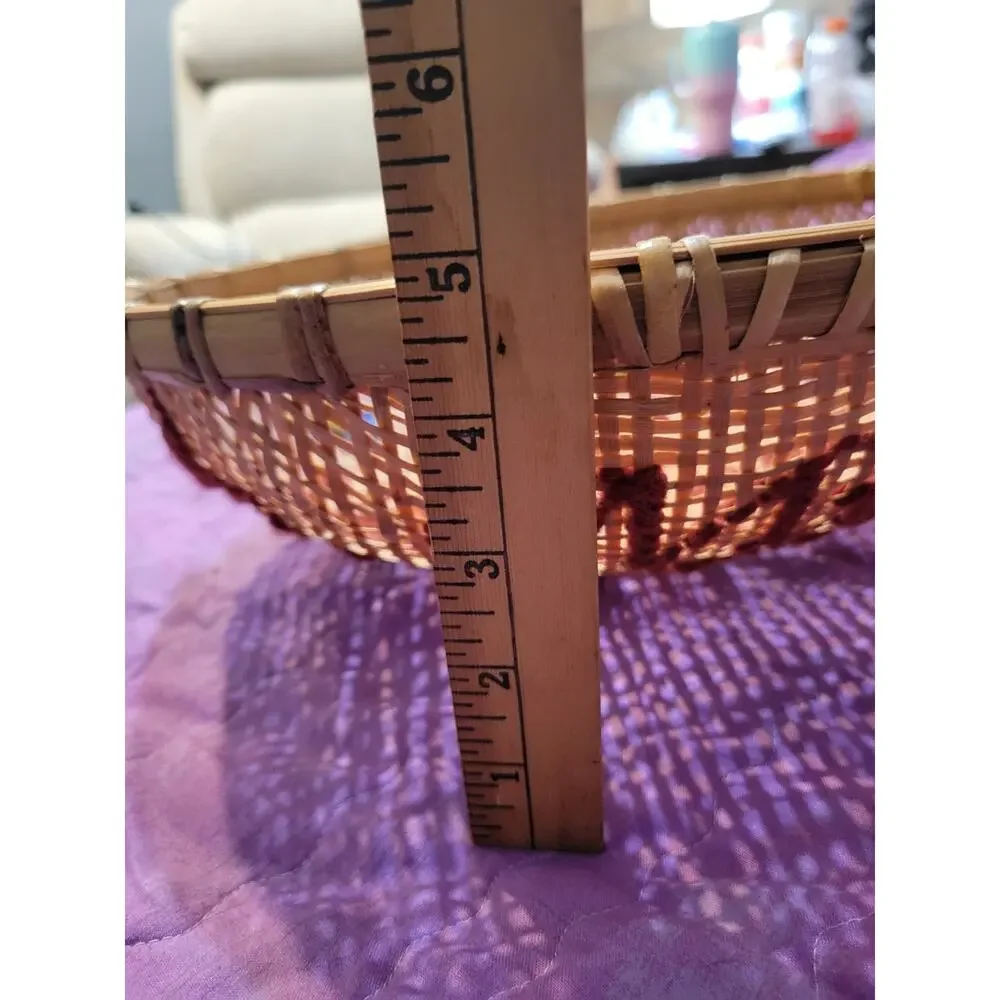 Vintage My Kitchen Welcome Thee Needlepoint Wicker Cane Bowl Decor Basket